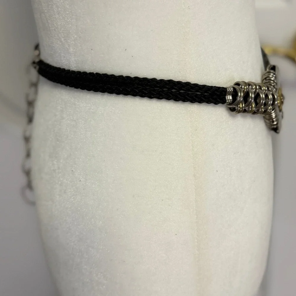 Vintage 80s‎ Black Cord Belt Silver Coil Spring Chain Disc Flower Made Korea
